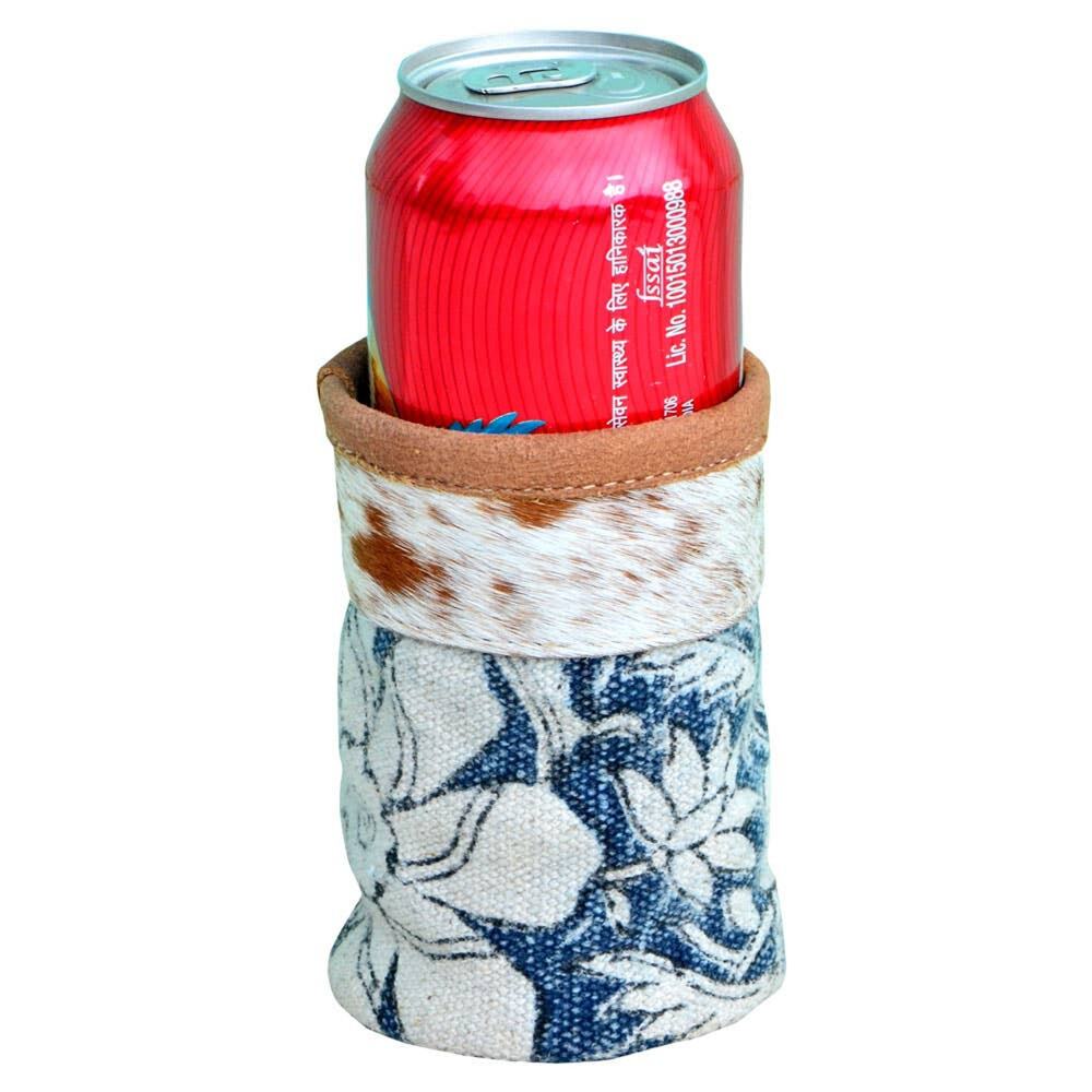 Blue Floral Canvas and Cowhide Can Sleeve